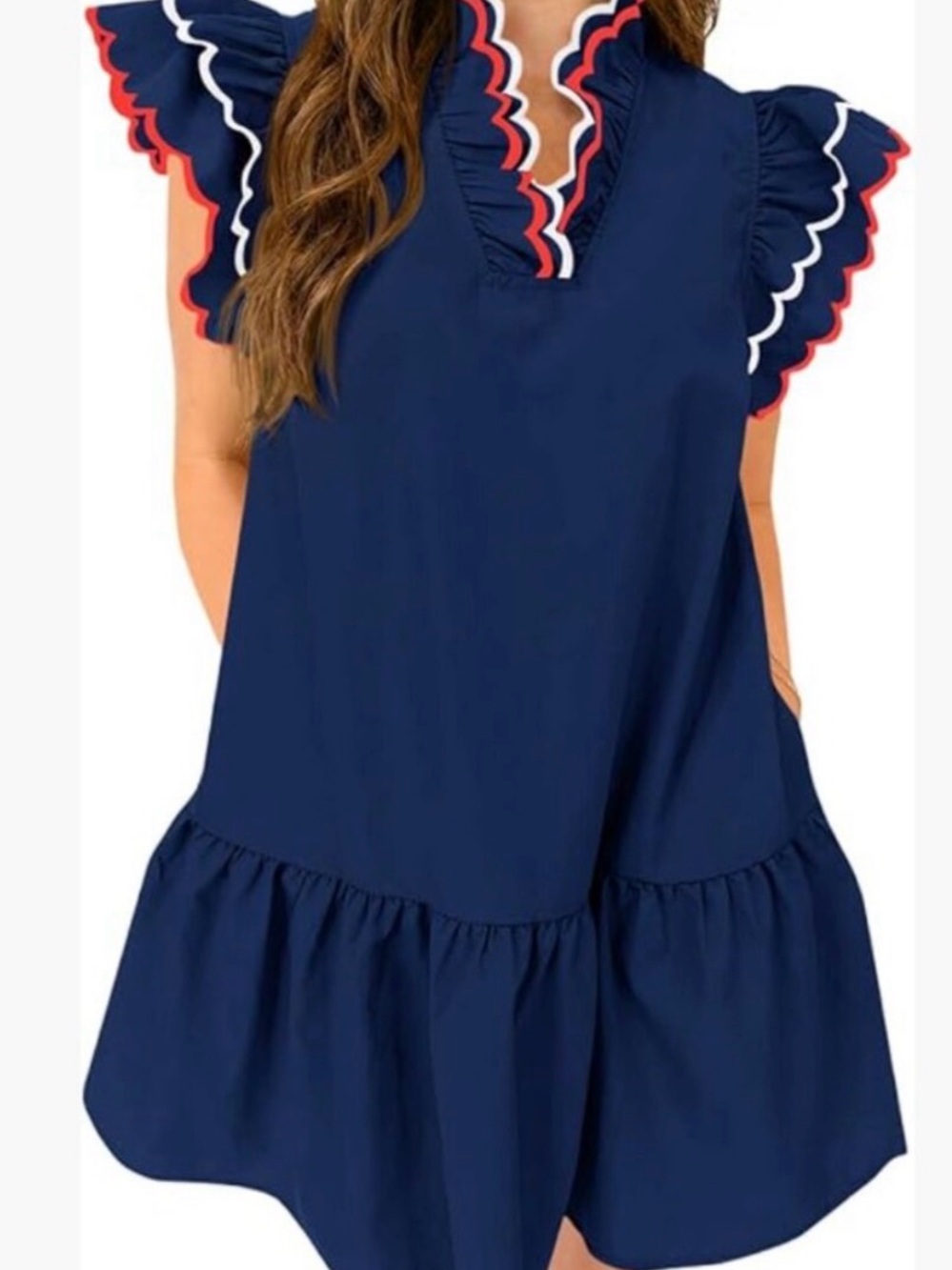 Navy Ruffle Sleeve Dress with Contrast Trim